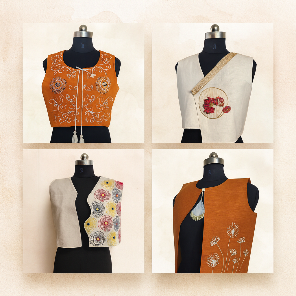 Four mannequin vests with floral embroidery on a beige background