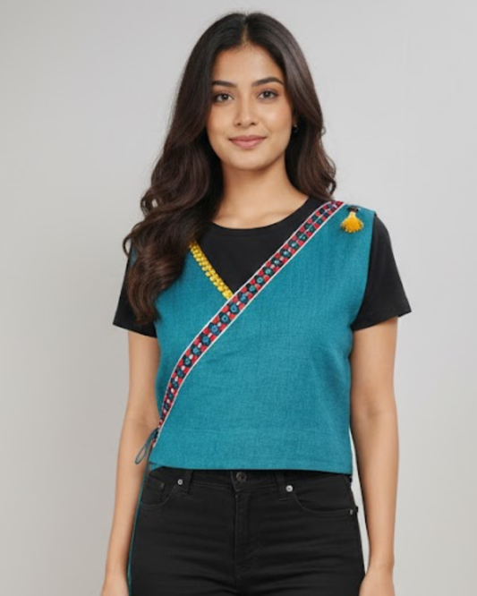 Wrap-style ethnic sleeveless blouse