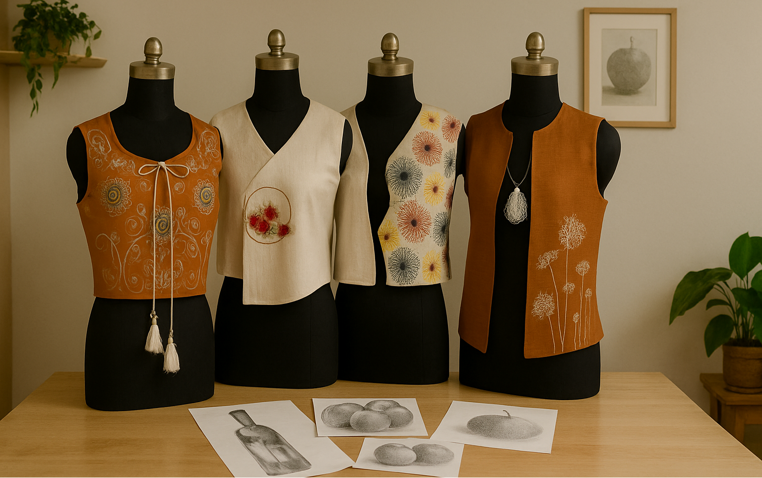 Four mannequins wearing embroidered vests on a wooden table with drawings.
